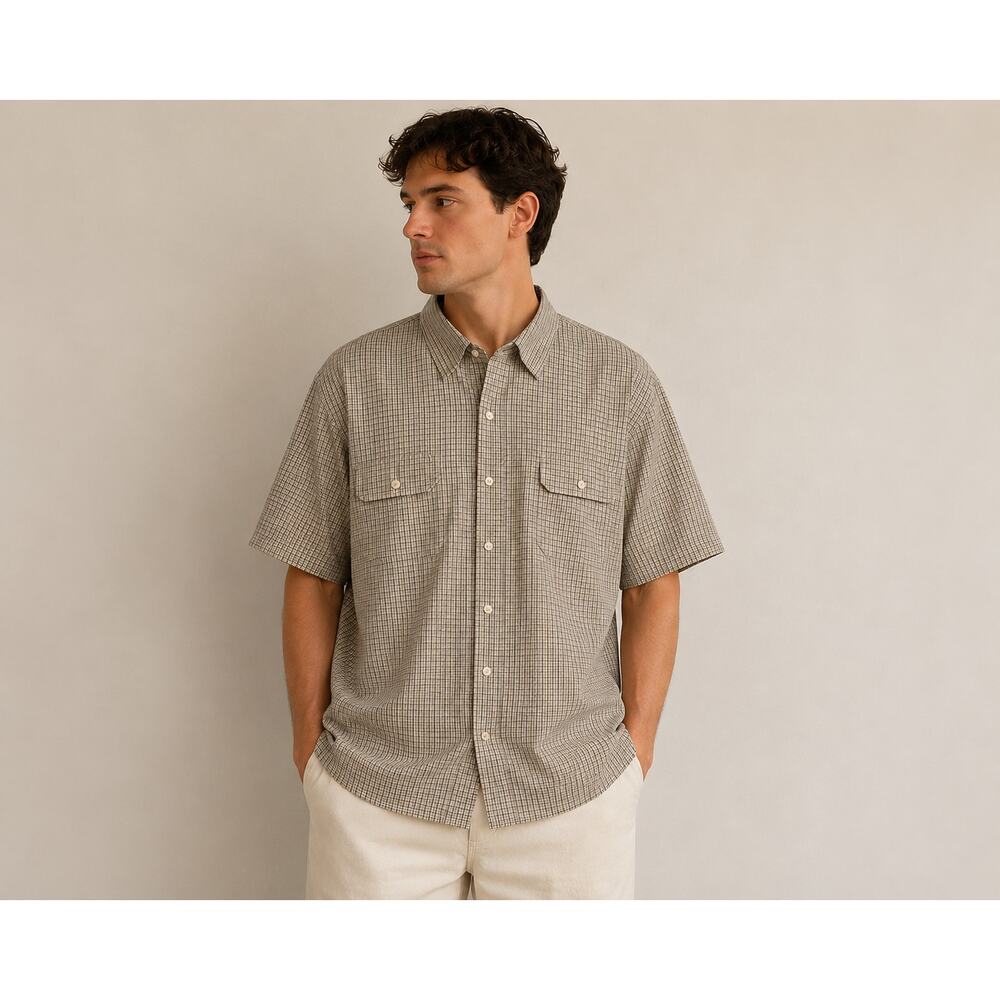 LR2314 Van Heusen Classic Fit Short Sleeve Button Front Shirt XL Beige Plaid